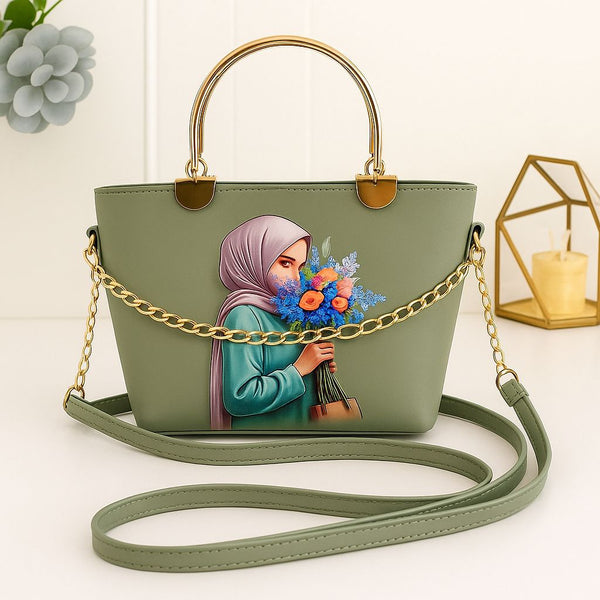 Metal Handle Printed Handbag