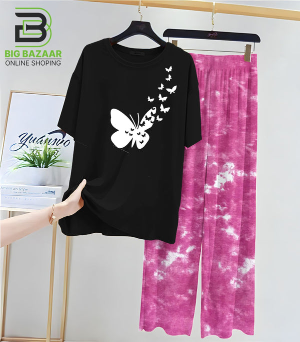Black T-Shirt and Tie and Die Printed Trouser