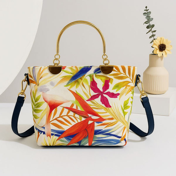 Floral Metal Handle Printed Handbag and Crossbody